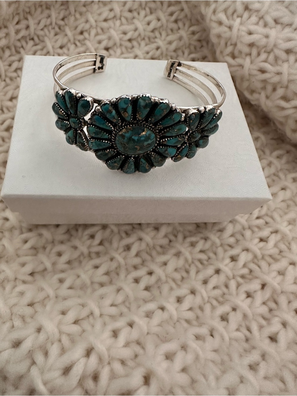 Turquoise Cluster Silver Cuff Bracelet - Women's Jewelry